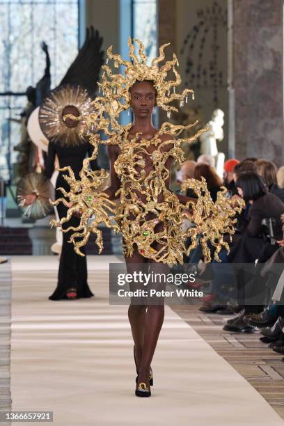 Maty Fall walks the runway during the Schiaparelli Haute Couture Spring/Summer 2022 show as part of Paris Fashion Week on January 24, 2022 in Paris,...