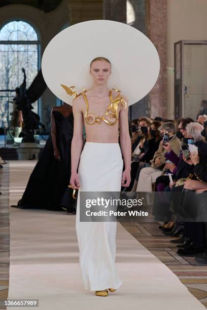 Vilma Sjöberg walks the runway during the Schiaparelli Haute Couture Spring/Summer 2022 show as part of Paris Fashion Week on January 24, 2022 in...