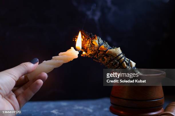smudge stick of herbs - burning sage stock pictures, royalty-free photos & images