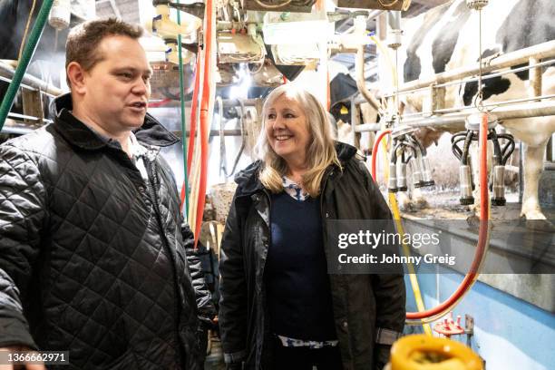 farmer and distribution agent talking as cows are milked - milking machine stock pictures, royalty-free photos & images