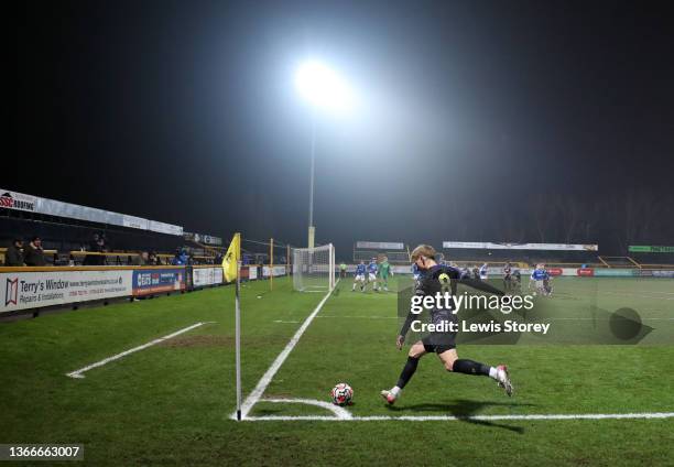 Harvey White of Tottenham Hotspur takes a corner-kick during the Premier League 2 match between Everton U23 and Tottenham Hotspur U23 at Pure Stadium...