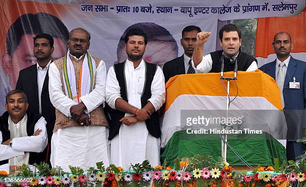 Congress General Secretary Rahul Gandhi addresses a public meeting at Salempur on January 9, 2012 in Deoria, India. The congress leader hit out at...