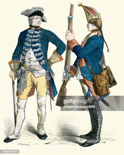 militäruniformen, soldaten, preußischer gardeoffizier und grenadierer aus dem 18. jahrhundert, 1770 - infanterie stock-grafiken, -clipart, -cartoons und -symbole