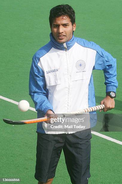 Indian Hockey player Yuvraj Walmiki during the training session at Major Dhyan Chand National Stadium in New Delhi on Monday.