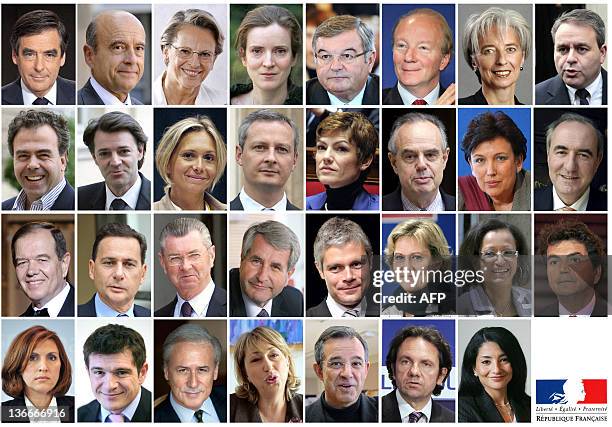 Combination of of members of the French government named on November 14, 2010. - Prime minister Francois Fillon, Defence and Veterans minister Alain...