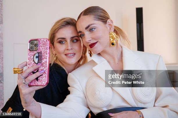Valentina Ferragni and Chiara Ferragni attends the Schiaparelli Haute Couture Spring/Summer 2022 show as part of Paris Fashion Week on January 24,...