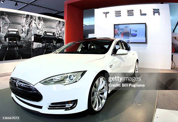 The Tesla Model S Signature is shown during a media preview day at the 2012 North American International Auto Show January 10, 2012 in Detroit,...