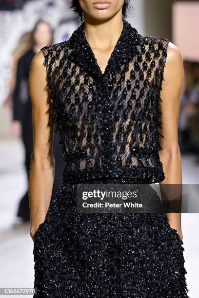 Model, fashion detail, walks the runway during the Dior Haute Couture Spring/Summer 2022 show as part of Paris Fashion Week on January 24, 2022 in...