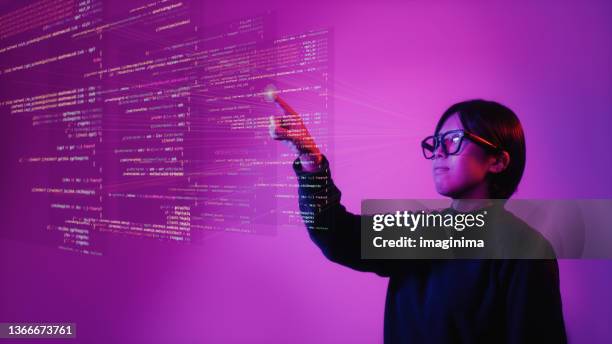 young woman wearing smart glasses - wearable technology or smart technology or innovative technology or new technology or techn stock pictures, royalty-free photos & images