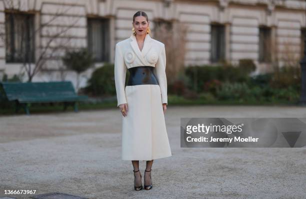 Chiara Ferragni is seen outside Schiaparelli during Paris Fashion Week Haute Couture Spring/Summer 2022 on January 24, 2022 in Paris, France.