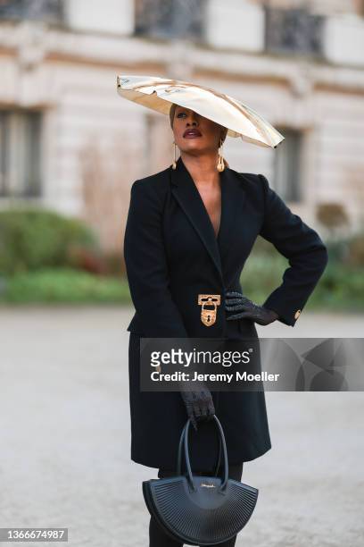 Laverne Cox is seen outside Schiaparelli during Paris Fashion Week Haute Couture Spring/Summer 2022 on January 24, 2022 in Paris, France.