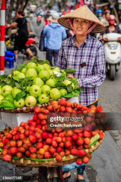 vietnamese woman selling tropical fruits, old town in hanoi, vietnam - vietnam street food stock pictures, royalty-free photos & images