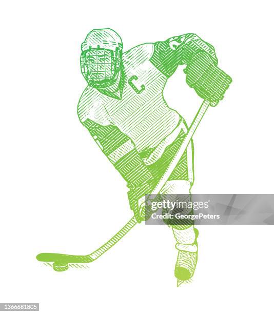 ice hockey player shooting the puck - hockey player on white stock illustrations