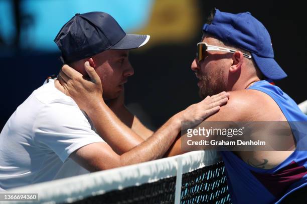 Dylan Alcott of Australia and Andy Lapthorne of Great Britain embrace after Dylan Alcott won the Men's Quad Wheelchair Singles Semifinals match...