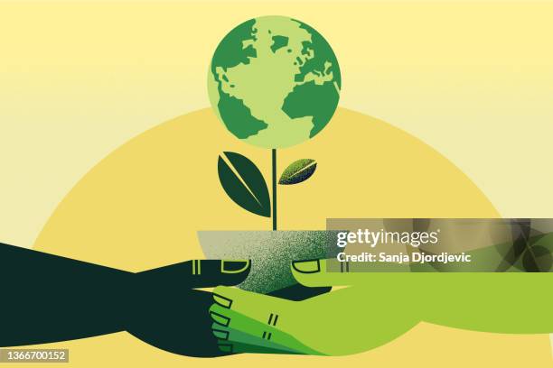 stockillustraties, clipart, cartoons en iconen met hands holding earth plant - duurzaamheid