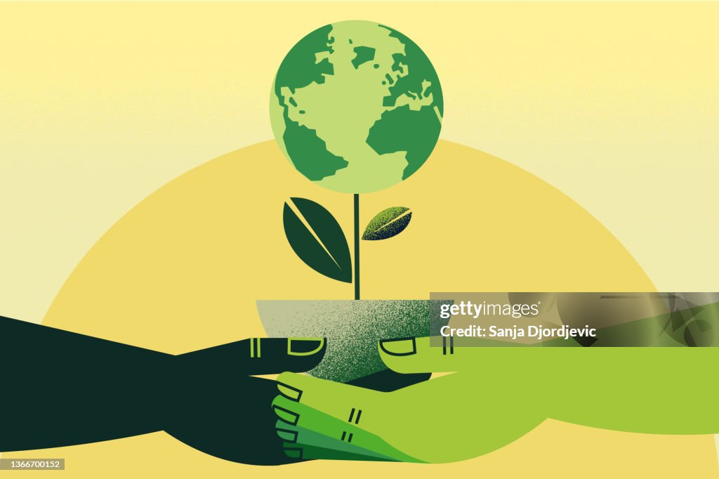 Hands holding earth plant