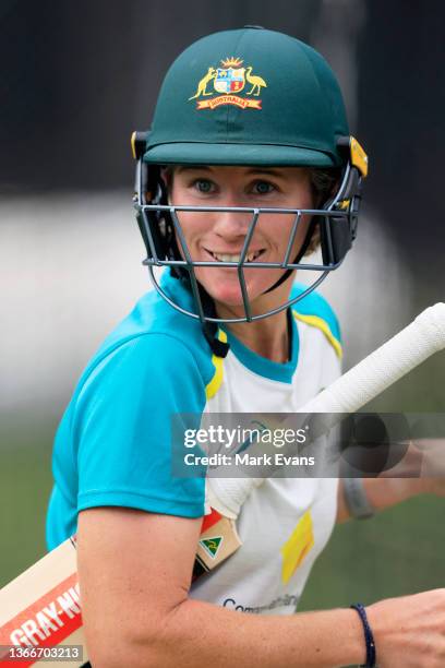 Beth Mooney of Australia heads into the nets for a bat during an Australian Women's Ashes squad training session at Manuka Oval on January 25, 2022...