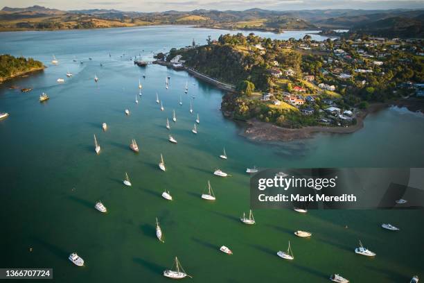 mongonui harbour and moored boats - new zealand city stock pictures, royalty-free photos & images