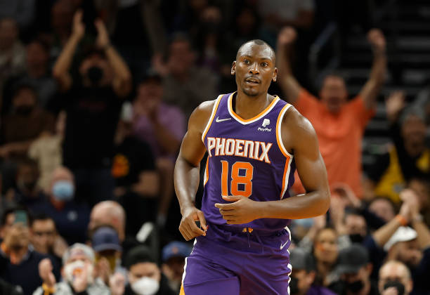 Bismack Biyombo of the Phoenix Suns reacts after scoring against the Utah Jazz during the second half of the NBA game at Footprint Center on January...