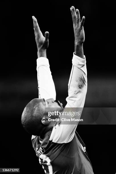 Thierry Henry of Arsenal celebrates at the end of the FA Cup Third Round match between Arsenal and Leeds United at the Emirates Stadium on January 9,...