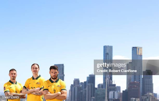 Jamie Mclaren, Jackson Irvine and Mathew Leckie of Australia pose during an Australian Socceroos media opportunity at The Pullman Hotel on January...