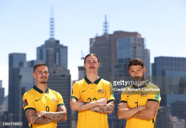 Jamie Mclaren, Jackson Irvine and Mathew Leckie of Australia pose during an Australian Socceroos media opportunity at The Pullman Hotel on January...