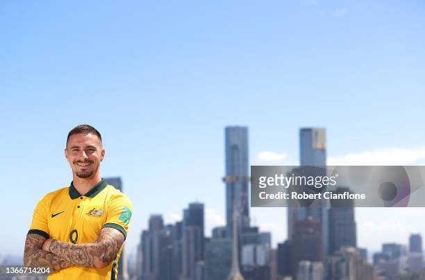 Jamie Mclaren of Australia poses during an Australian Socceroos media opportunity at The Pullman Hotel on January 25, 2022 in Melbourne, Australia.