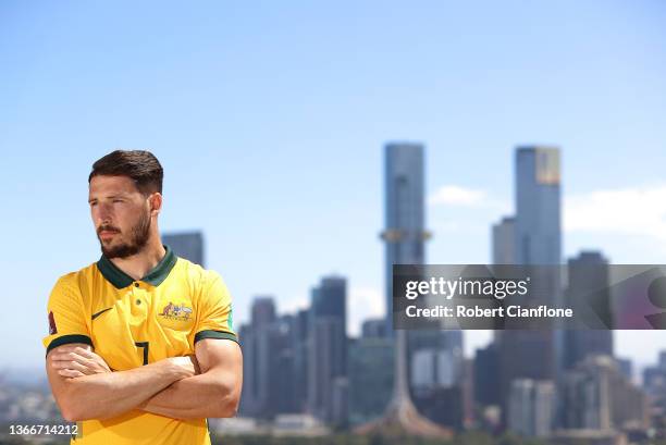 Mathew Leckie of Australia poses during an Australian Socceroos media opportunity at The Pullman Hotel on January 25, 2022 in Melbourne, Australia.