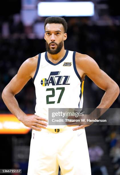 Rudy Gobert of the Utah Jazz looks on against the Golden State Warriors during the second half of an NBA basketball game at Chase Center on January...