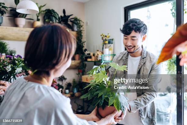 happy young asian man shopping for potted plant, smiling and chatting while assisted by a florist at counter in flower shop - man holding out flowers stock pictures, royalty-free photos & images