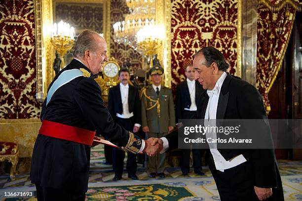 King Juan Carlos of Spain receives new Tunisia ambassador, M. Hamed Ezzine Chelaifa , at the Royal Palace on January 10, 2012 in Madrid, Spain.