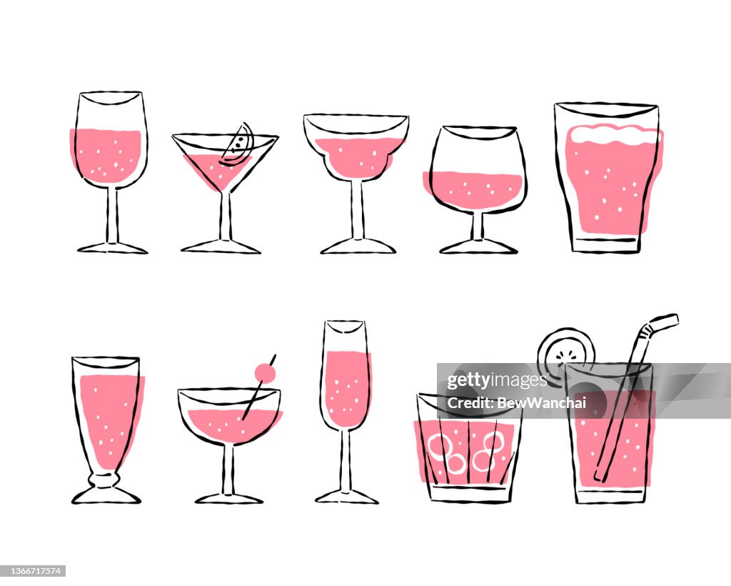 Various of drink glasses with pink beverage