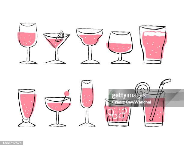 various of drink glasses with pink beverage - cocktail 幅插畫檔、美工圖案、卡通及圖標