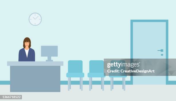 stockillustraties, clipart, cartoons en iconen met waiting room with empty seats in the hospital or in the office and reception desk. woman receptionist standing at reception desk. - poliklinische zorg