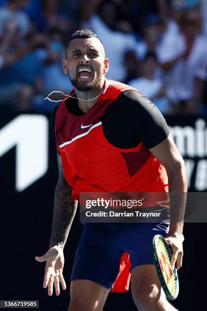 Nick Kyrgios of Australia reacts in his Men's Doubles Quarterfinals match with Thanasi Kokkinakis of Australia against Tim Puetz of Germany and...