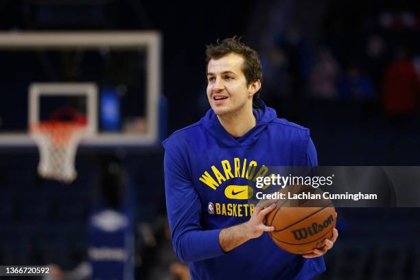 Nemanja Bjelica of the Golden State Warriors warms up before the game against the Houston Rockets at Chase Center on January 21, 2022 in San...