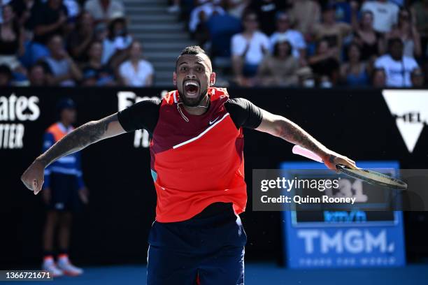 Nick Kyrgios of Australia reacts in his Men's Doubles Quarterfinals match with Thanasi Kokkinakis of Australia against Tim Puetz of Germany and...