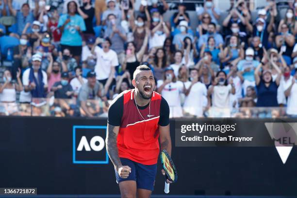 Nick Kyrgios of Australia reacts in his Men's Doubles Quarterfinals match with Thanasi Kokkinakis of Australia against Tim Puetz of Germany and...