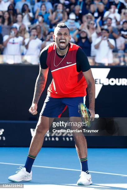 Nick Kyrgios of Australia reacts in his Men's Doubles Quarterfinals match with Thanasi Kokkinakis of Australia against Tim Puetz of Germany and...