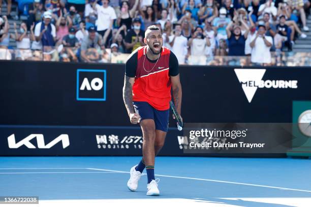 Nick Kyrgios of Australia reacts in his Men's Doubles Quarterfinals match with Thanasi Kokkinakis of Australia against Tim Puetz of Germany and...