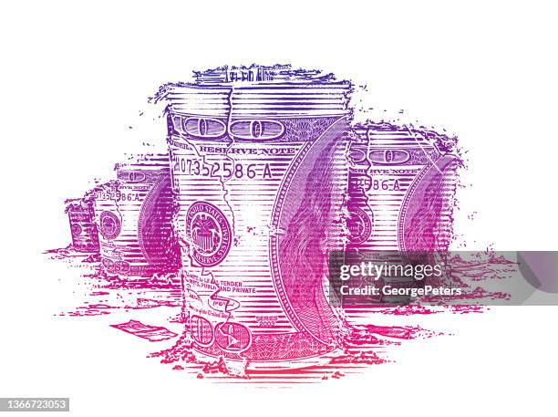 vector illustration of money roll deteriorating from inflation - bank notes roll stock illustrations