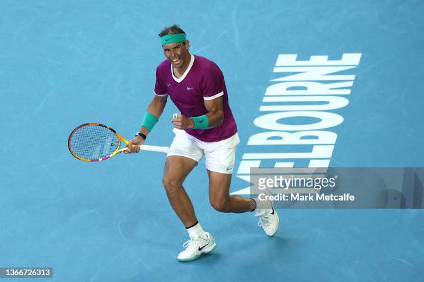 Rafael Nadal of Spain celebrates after winning a point in his Men's Singles Quarterfinals match against Denis Shapovalov of Canada during day nine of...