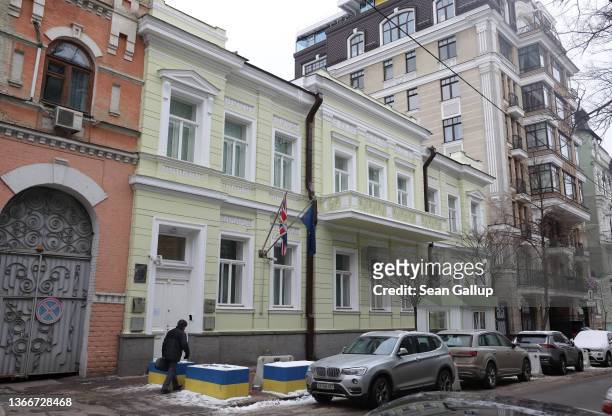 The British Embassy stands on January 25, 2022 in Kyiv, Ukraine. Britain is reportedly withdrawing half of it embassy staff out of Ukraine as...