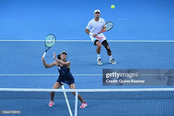 Ena Shibahara of Japan plays a forehand in her Mixed Doubles Quarterfinals match with Ben McLachlan of Japan against John Peers of Australia and...