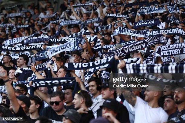 Victory fans are seen during the round 11 A-League match between Melbourne Victory and Sydney FC at AAMI Park, on January 25 in Melbourne, Australia.