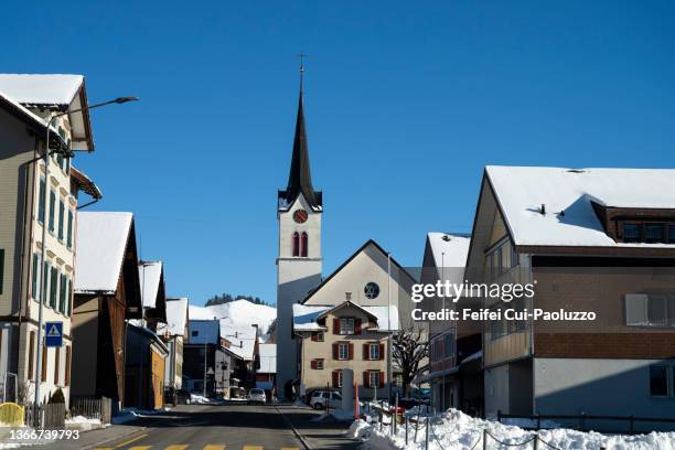 church at old town street of gonten, switzerland - appenzell innerrhoden stock pictures, royalty-free photos & images