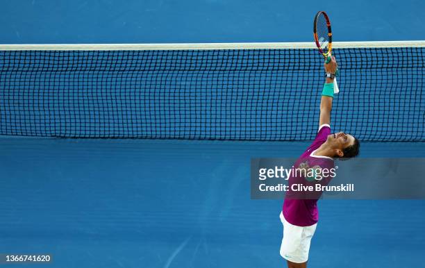 Rafael Nadal of Spain celebrates match point in his Men's Singles Quarterfinals match against Denis Shapovalov of Canada during day nine of the 2022...