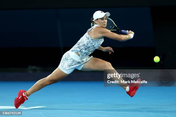 Ashleigh Barty of Australia plays a backhand in her Women's Singles Quarterfinals match against Jessica Pegula of United States during day nine of...