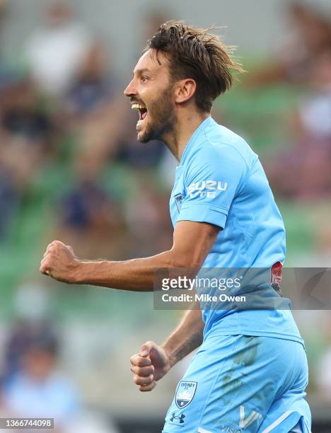 Milos Ninkovic of Sydney FC celebrates after scoring a goal during the round 11 A-League match between Melbourne Victory and Sydney FC at AAMI Park,...