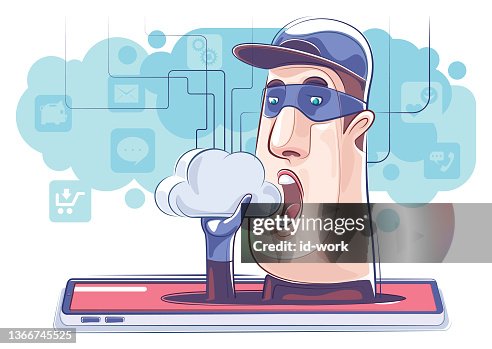 Hacker holding cloud with smartphone Hacker holding cloud with smartphone